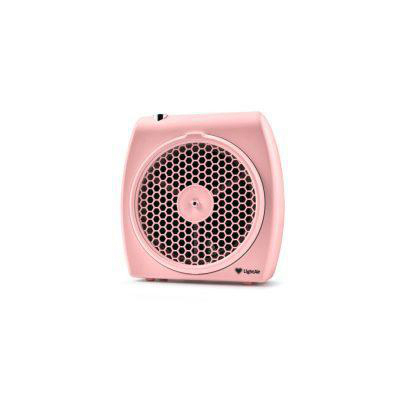 Rosa, quadratischer Ventilator mit rundem schwarzem Gitter und Herzlogo.