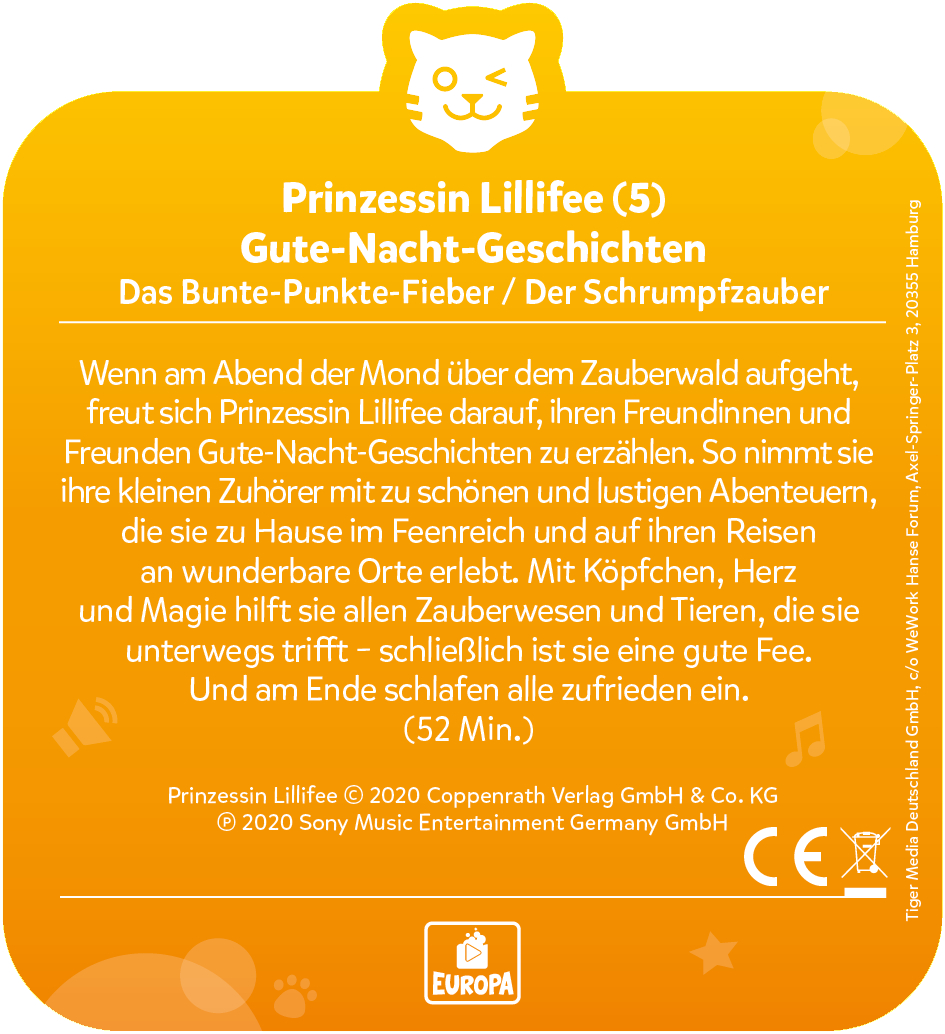 Gelbe Karte mit Text über ein Kinderbuch und einer Cartoon-Grafik.