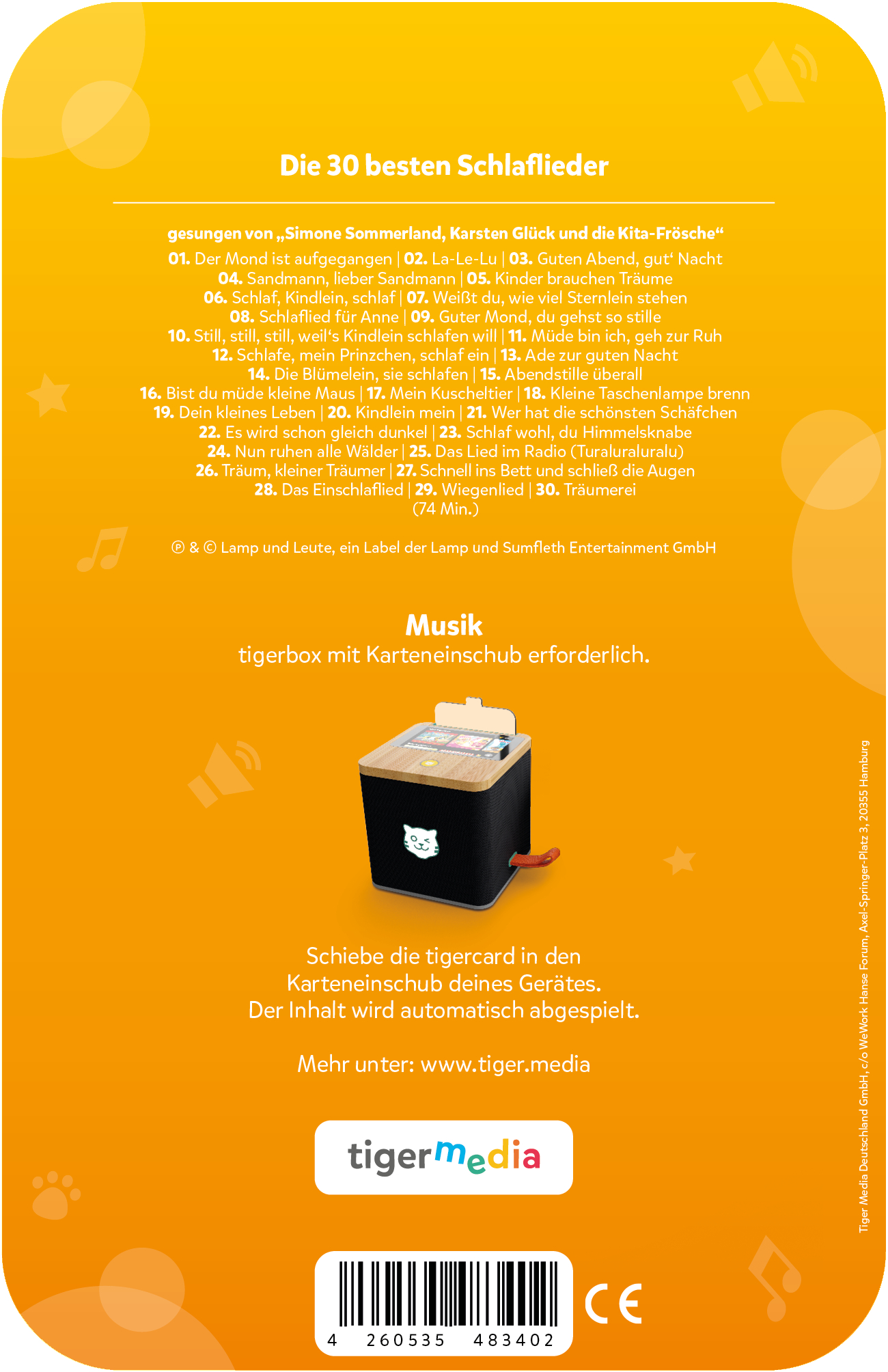 Cover: 30 Lieder, Musikbox, Barcode & CE-Zeichen. Liste von Schlafliedern.