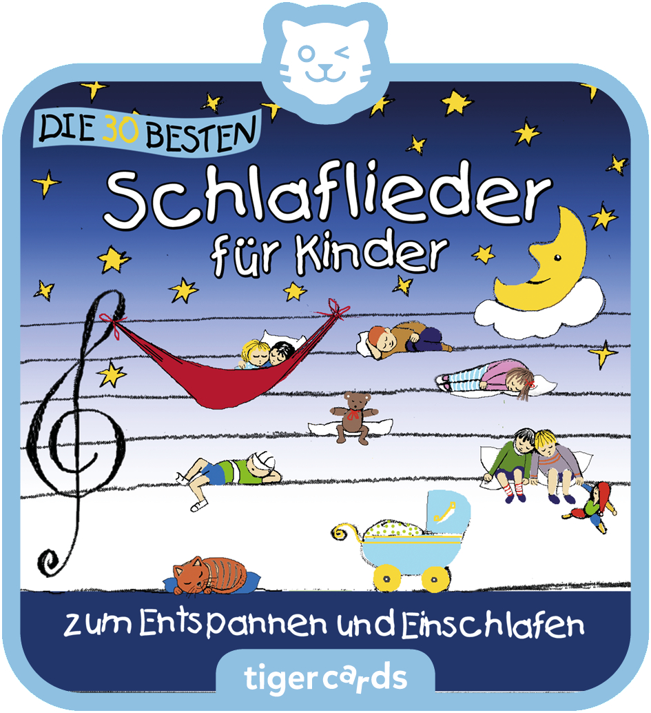 Kinder schlafen im Hängematte, auf Betten und im Kinderwagen. Mond und Sterne.