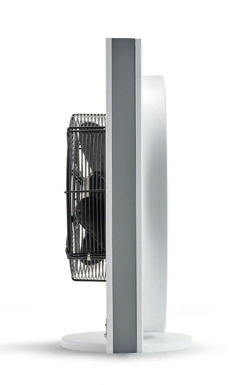 Weiß-silberner Ventilator mit schwarzem Gitter.