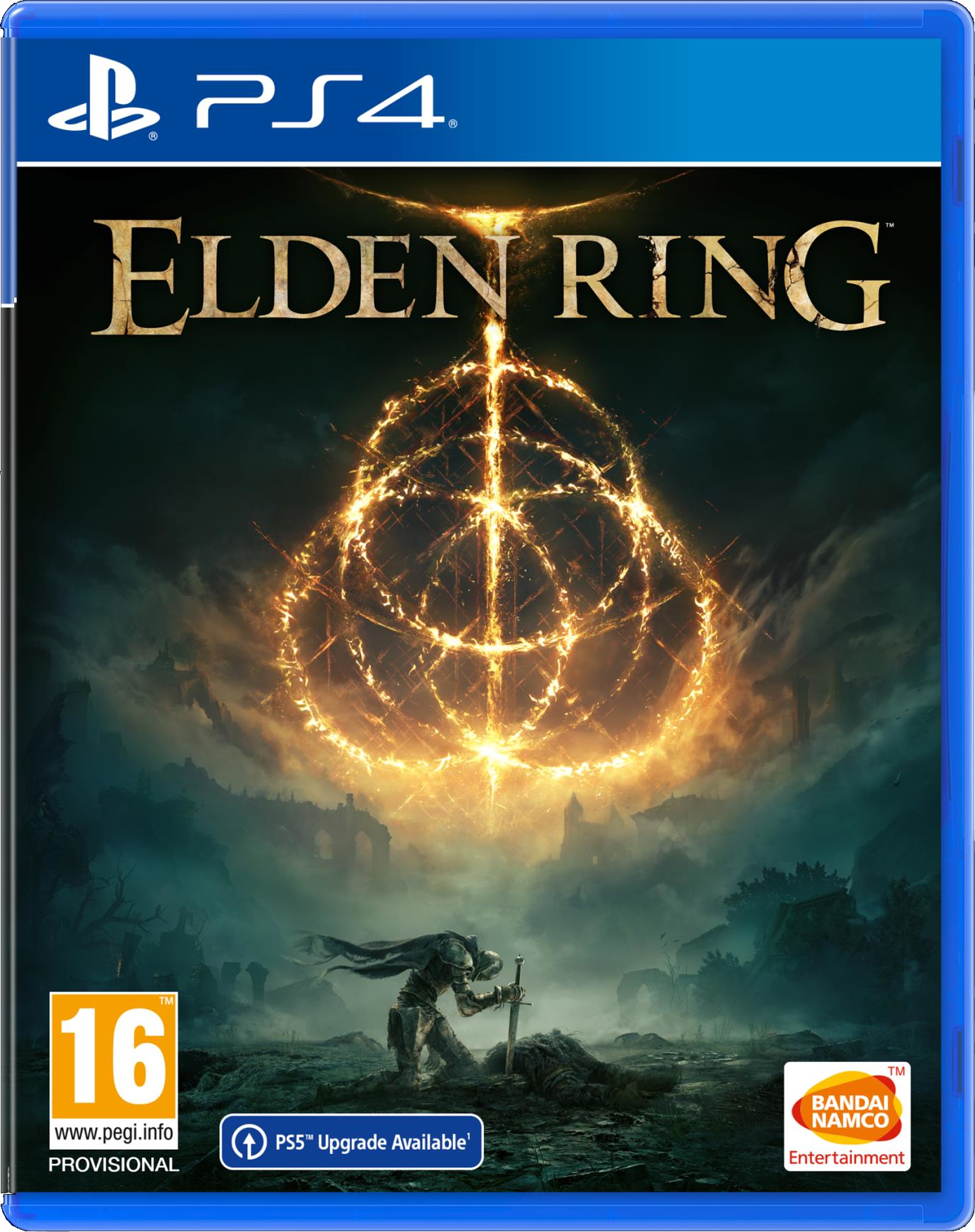 Pochette du jeu Elden Ring PS4. Une personne avec une épée et un bouclier. Un anneau de feu en arrière-plan.