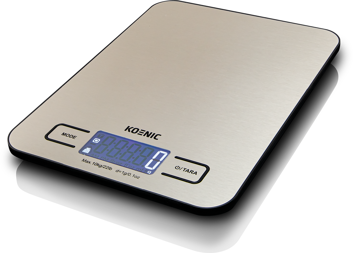 A silver Koenic kitchen scale with a digital display. It shows '0.0'.