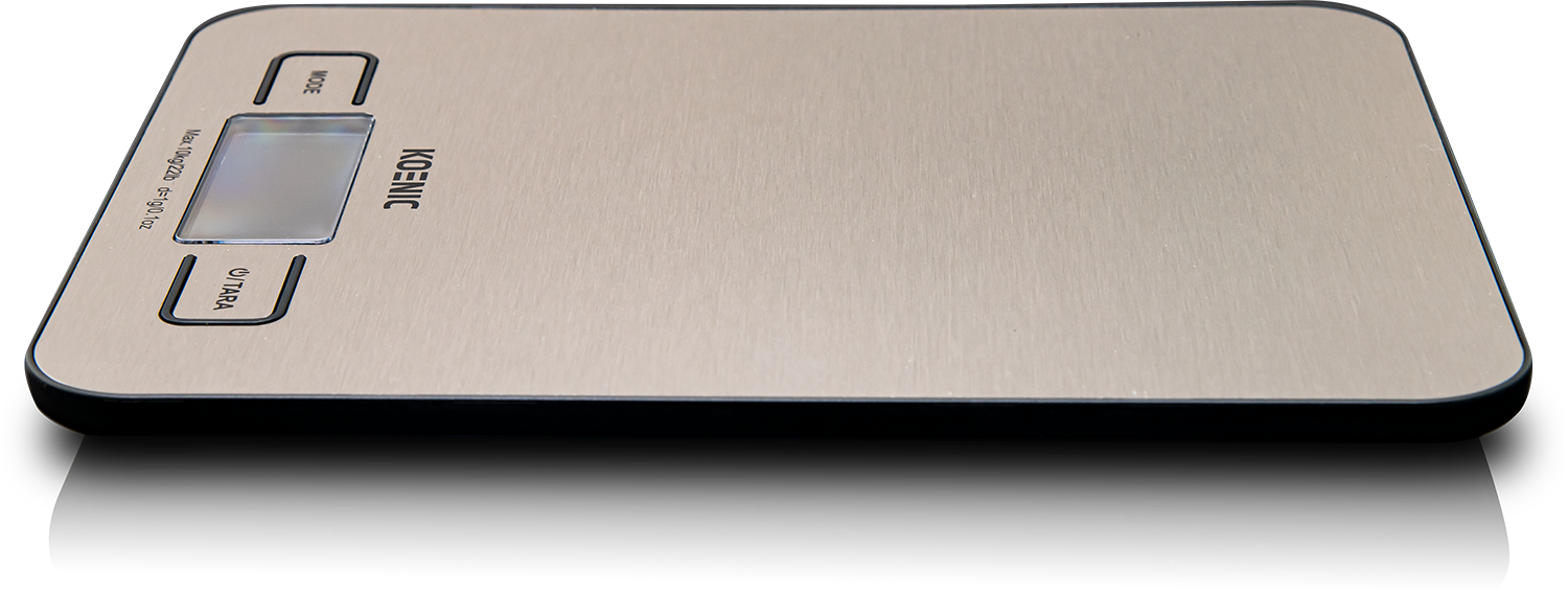 Kitchen scale with a metal surface. It shows a digital display and buttons.
