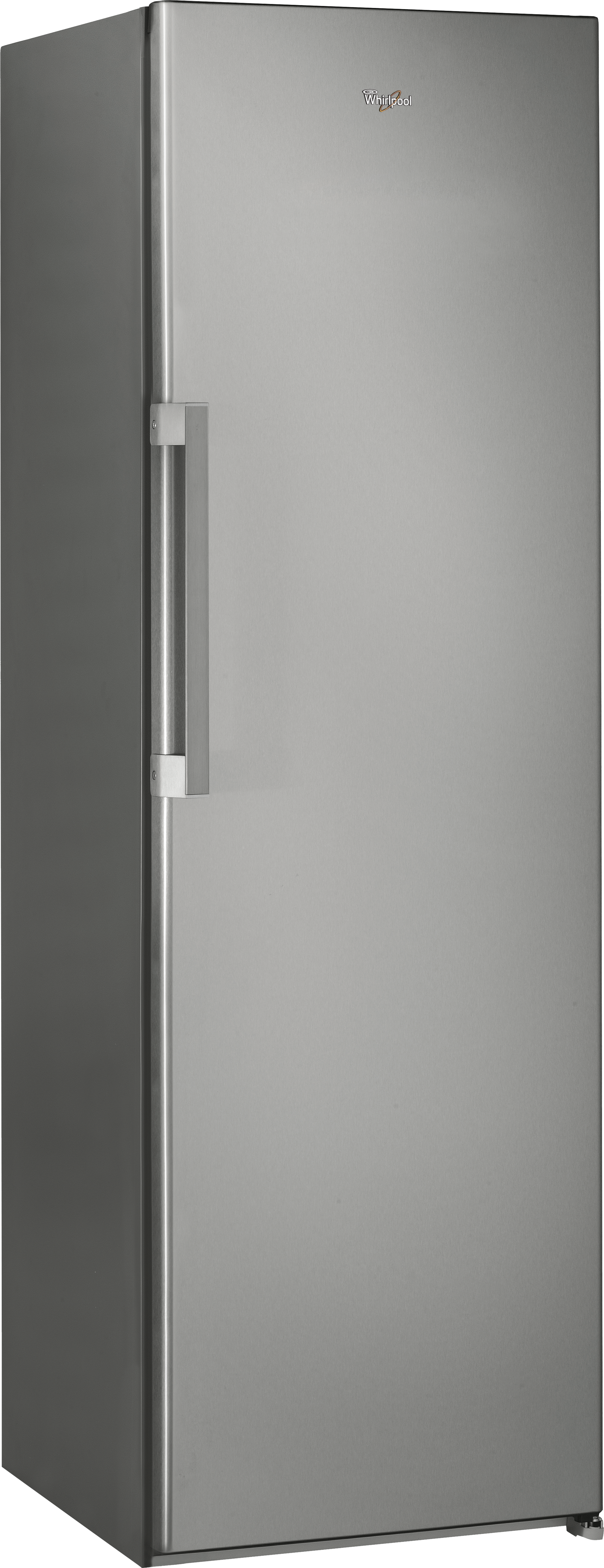 Een hoge, roestvrijstalen koelkast met een handvat aan de linkerkant. Whirlpool staat bovenaan.
