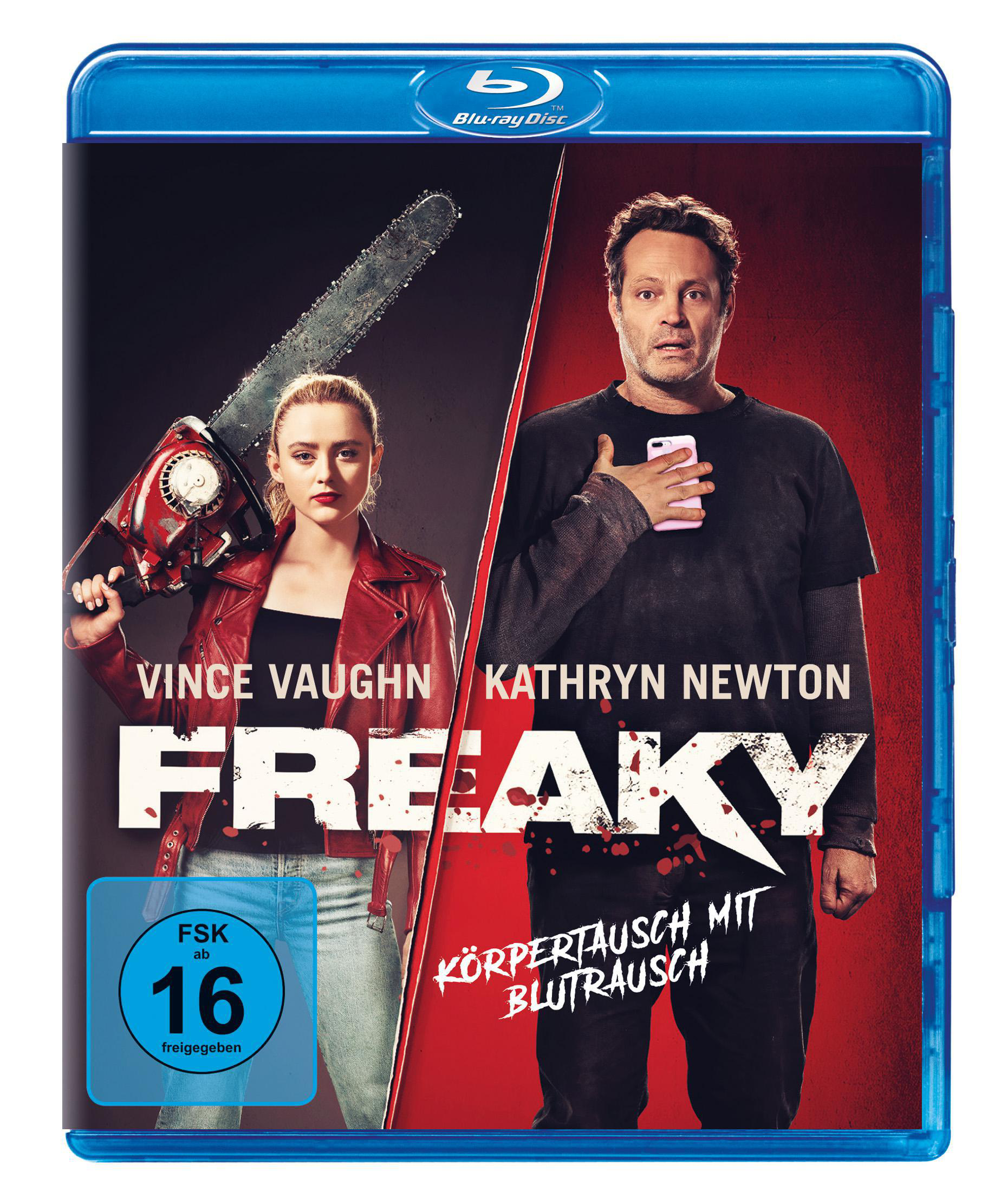 Freaky Blu-ray-Cover: Mann und Frau, mit Kettensäge, Blut und dem Titel.