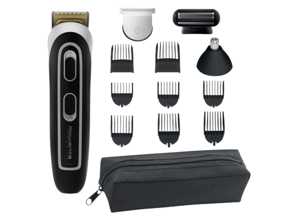 Kit multisuperficie Rowenta con accesorios y estuche negro.