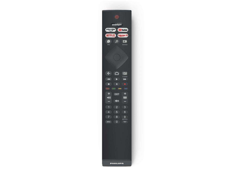 Mando a distancia de TV Philips negro sobre fondo blanco. Botones y logotipos visibles.