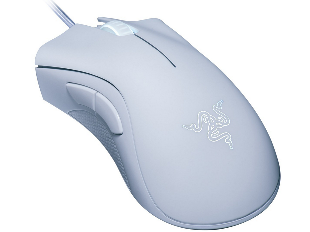 Un ratón gaming Razer gris claro con un logo.