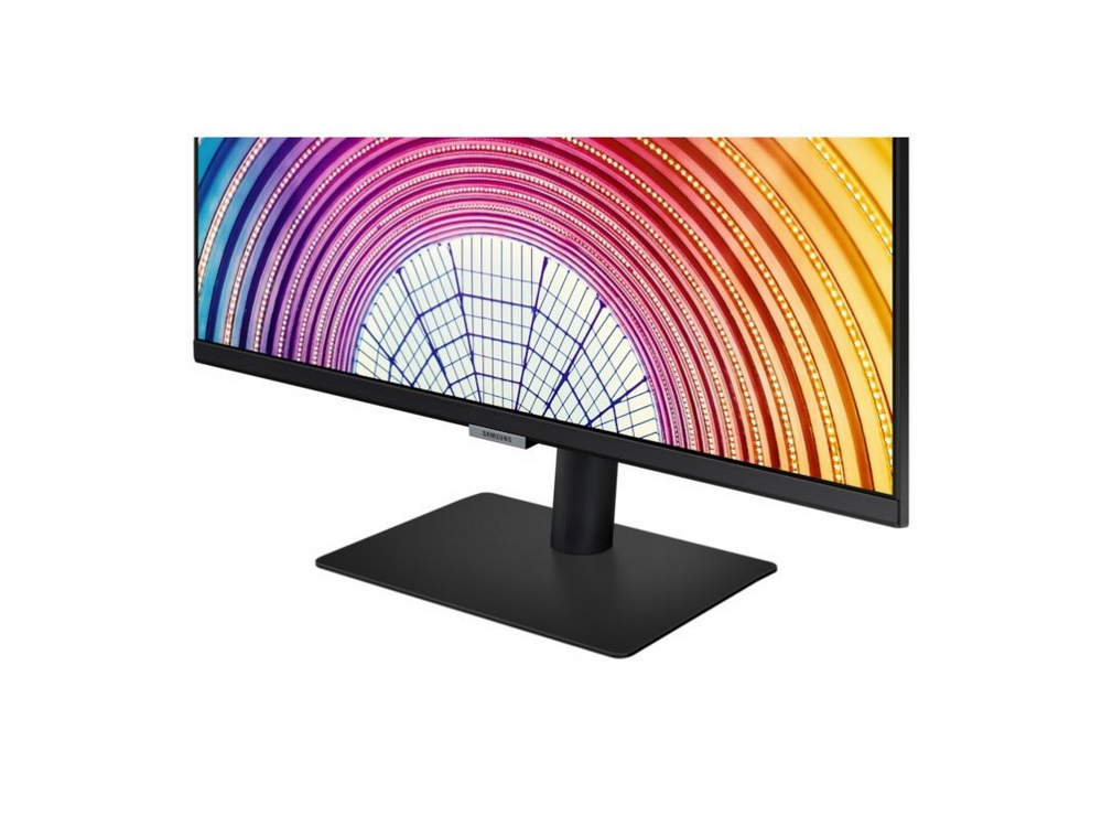 Monitor de ordenador negro con pantalla colorida y base negra.
