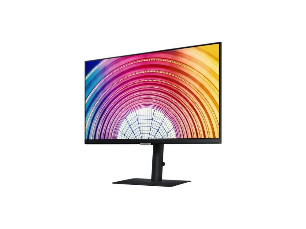 Un monitor negro Samsung, mostrando una imagen abstracta colorida.