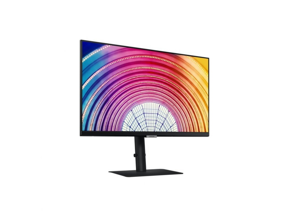 Monitor negro con pantalla colorida sobre fondo blanco.