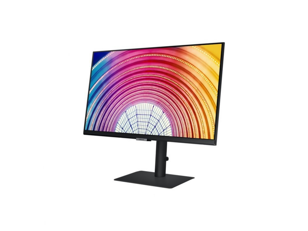 Un monitor de ordenador con pantalla colorida, sobre un soporte negro.