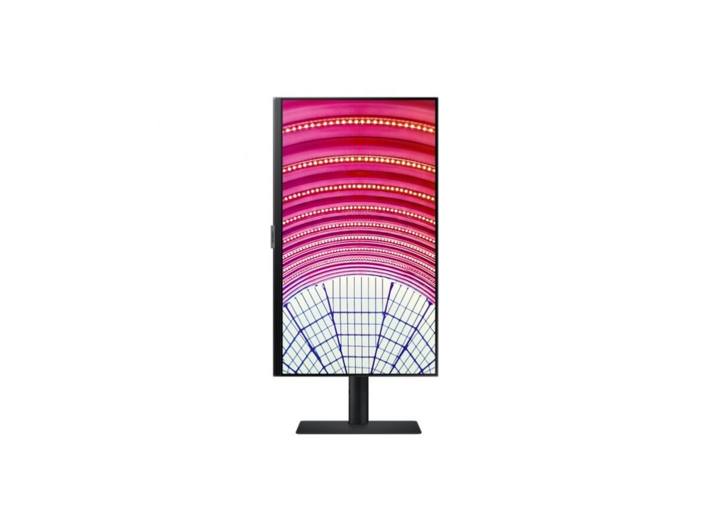 Un monitor de computadora alto y vertical con un patrón abstracto rosa y blanco en la pantalla.