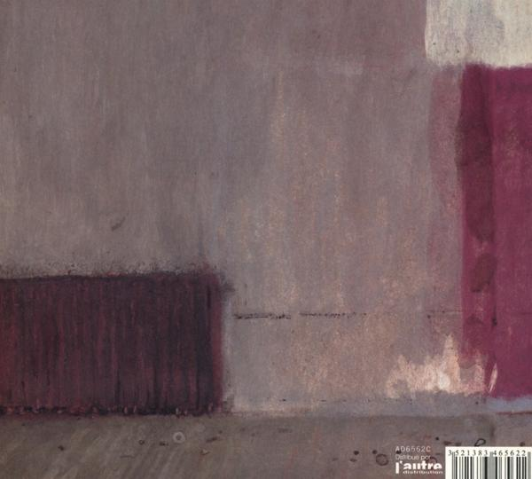 Peinture abstraite avec des blocs violets et gris. Le fond a une nuance de gris.