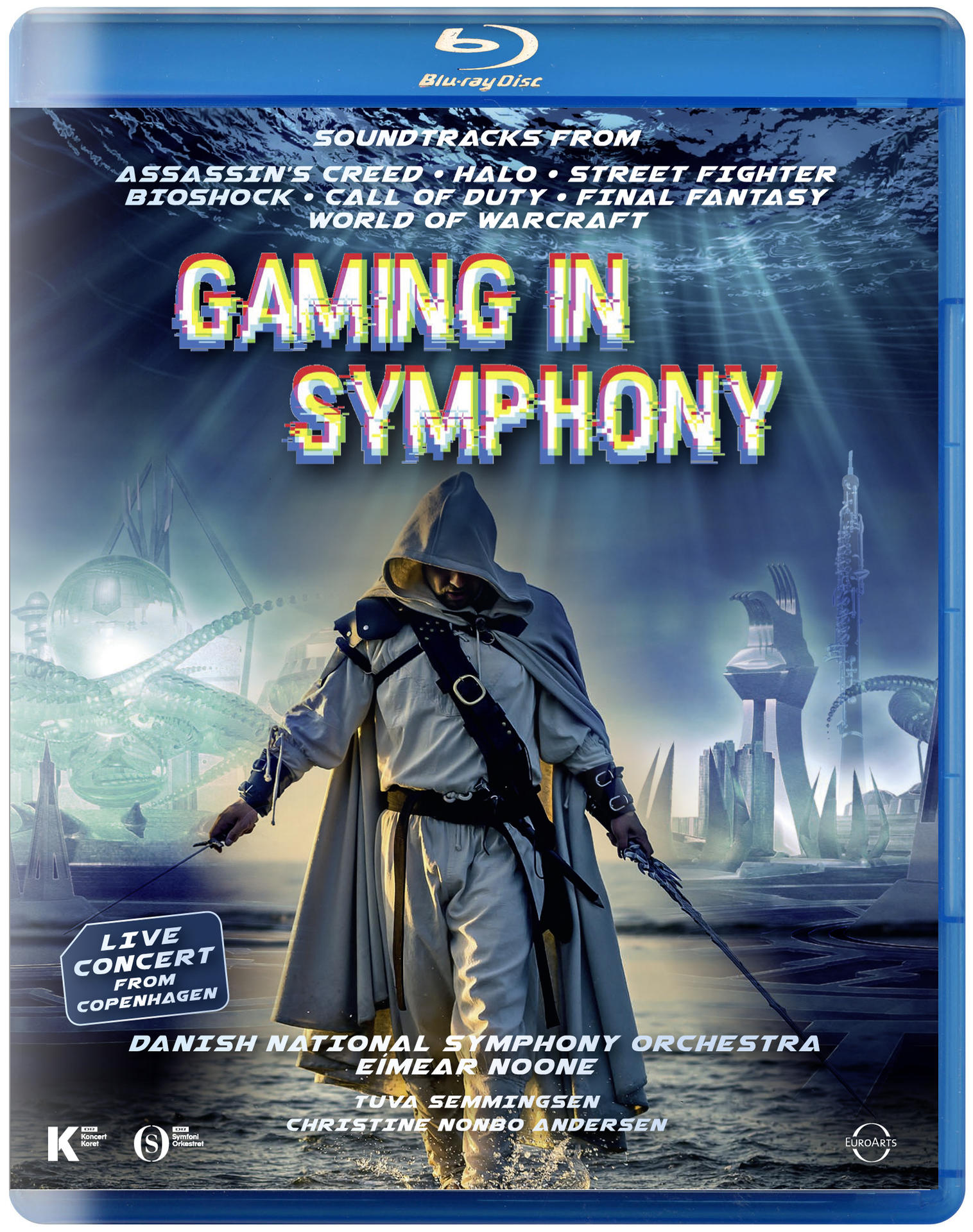 Blu-ray borító köpenyes személlyel, aki kardot tart, szöveggel és futurisztikus jelenettel.