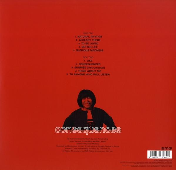 Piros album borító számlistával, mosolygó személlyel és a consequences szóval.