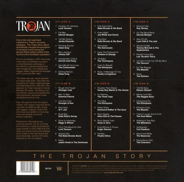 Albumcover: 'Trojan' mit einer Titelliste. Text und Albumkunst auf beigem Hintergrund.
