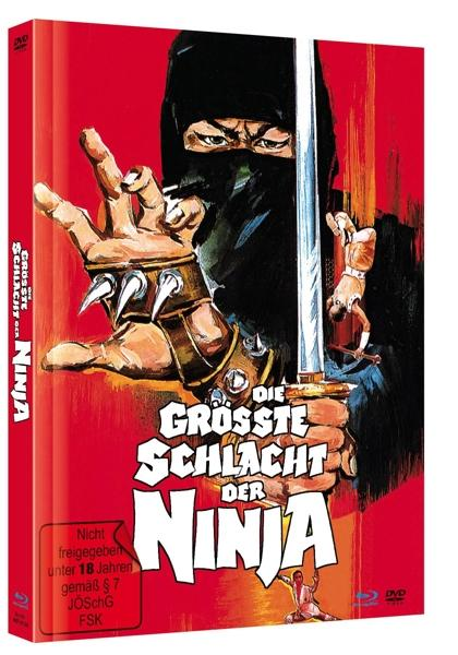 Filmcover. Ninja hält ein Schwert, roter Hintergrund. Text: Die Grösste Schlacht der Ninja.