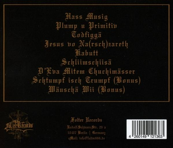 Albumcover mit Text auf schwarzem Hintergrund. Der Text enthält den Albumtitel und die Titelliste.