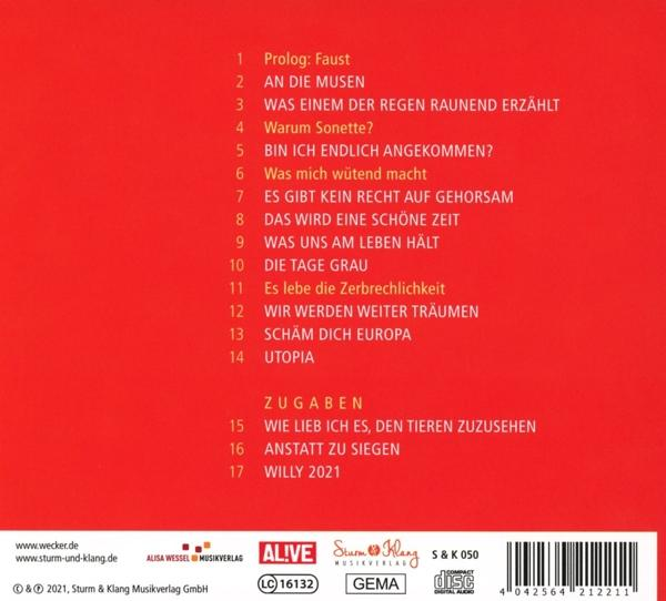 Rückseite einer CD-Hülle mit Songtiteln und Credits, leuchtend rotem Hintergrund und einer CD.