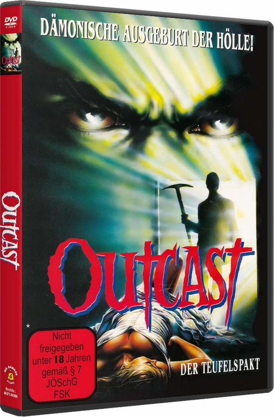DVD-Cover für den Film Outcast. Ein dämonisches Gesicht mit leuchtenden Augen, Silhouette, die ein Werkzeug hält, und eine Frau.