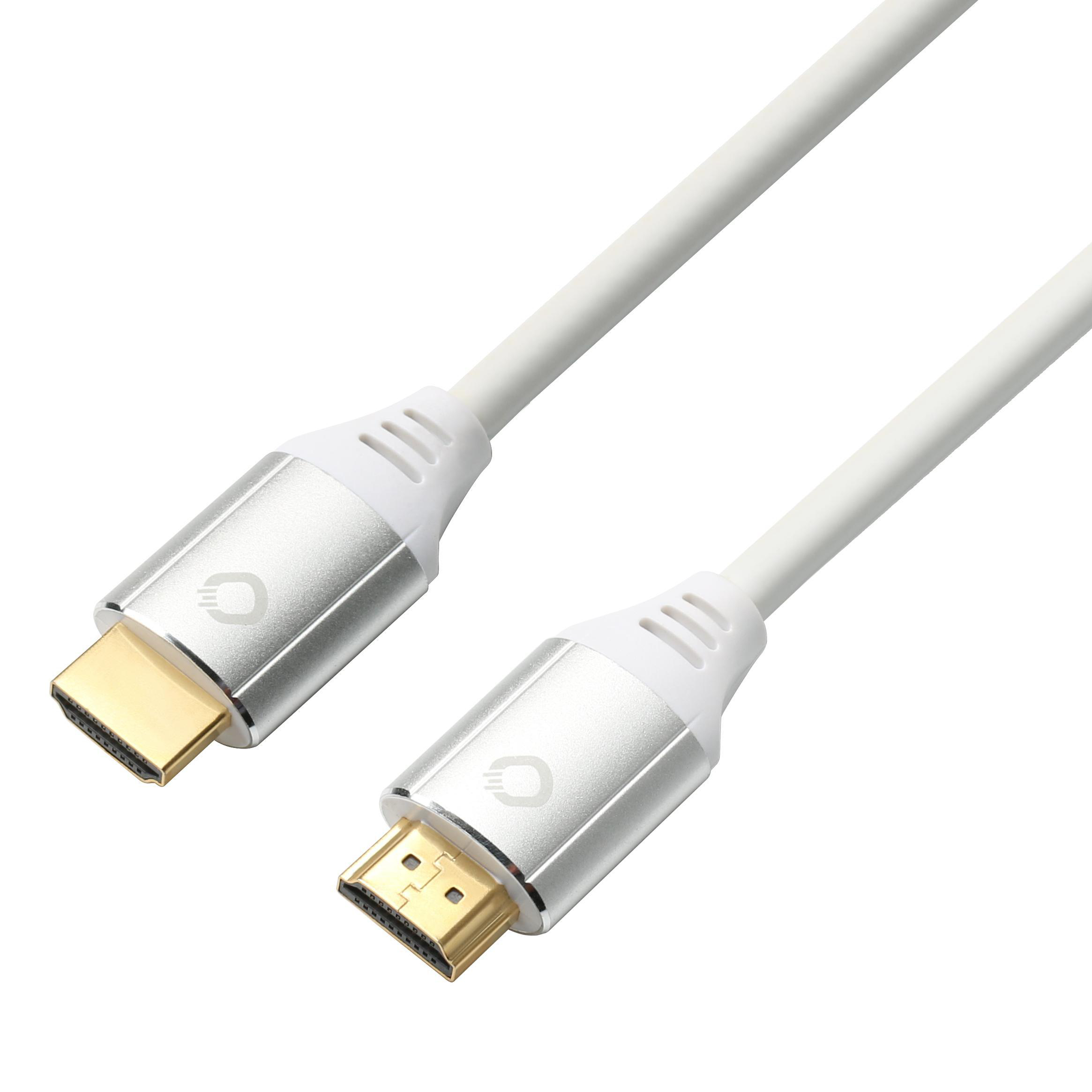Weißes HDMI-Kabel mit silbernen Steckern. Ein Ende ist goldfarben. Weißer Hintergrund.