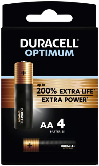 Een pak Duracell Optimum AA-batterijen, met een close-up van een enkele batterij.