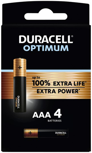 Duracell Optimum AAA-batterijen verpakking. Zwart en goud design met tekst en batterijafbeelding.