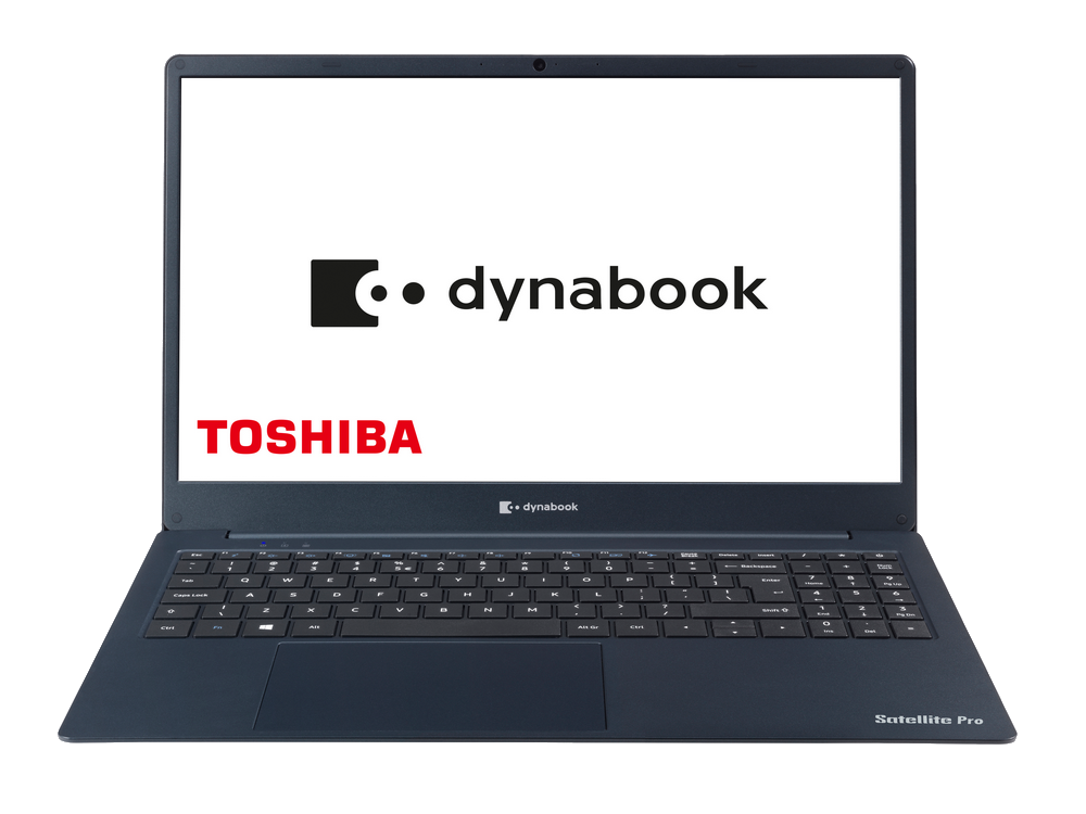 Un portátil Dynabook Toshiba está abierto sobre una superficie negra. La pantalla muestra el logotipo.