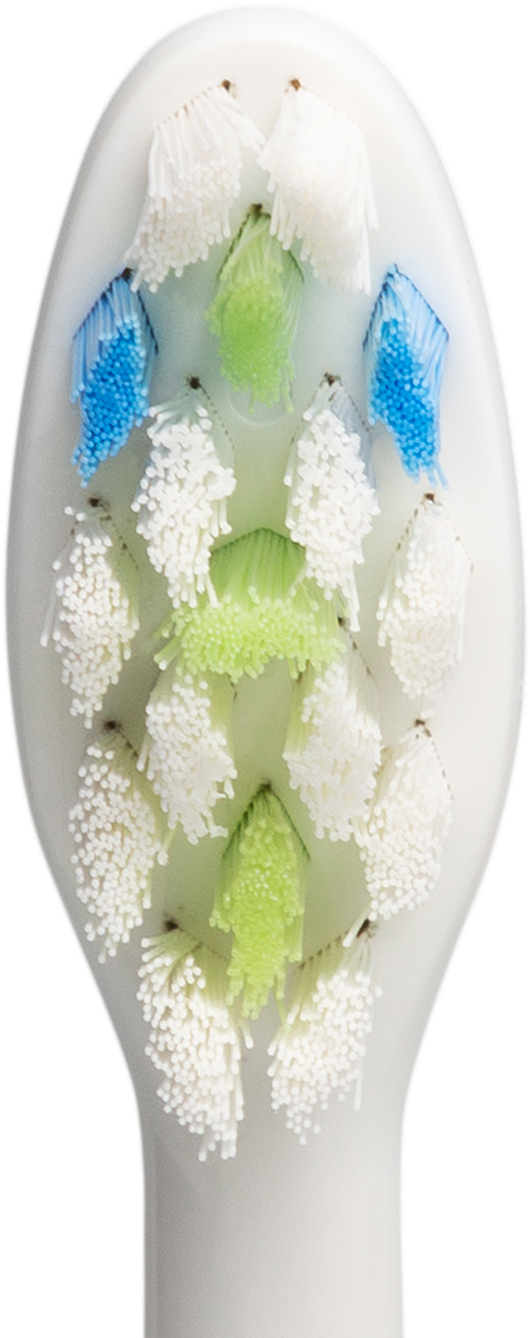 Close-up van tandenborstelkop. Witte, groene, blauwe borstelharen. Witte achtergrond.