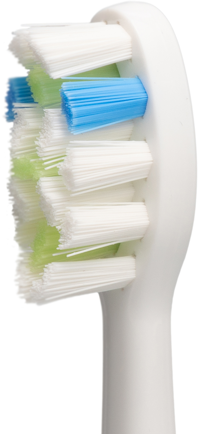 Close-up van een tandenborstelkop met blauwe, groene en witte borstelharen.