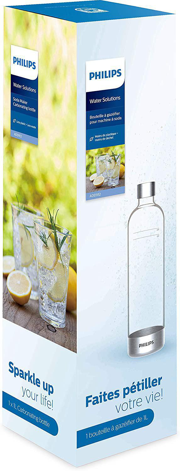 Philips Wasserflaschenbox mit Bildern von Wasser mit Zitrone und Text in mehreren Sprachen.
