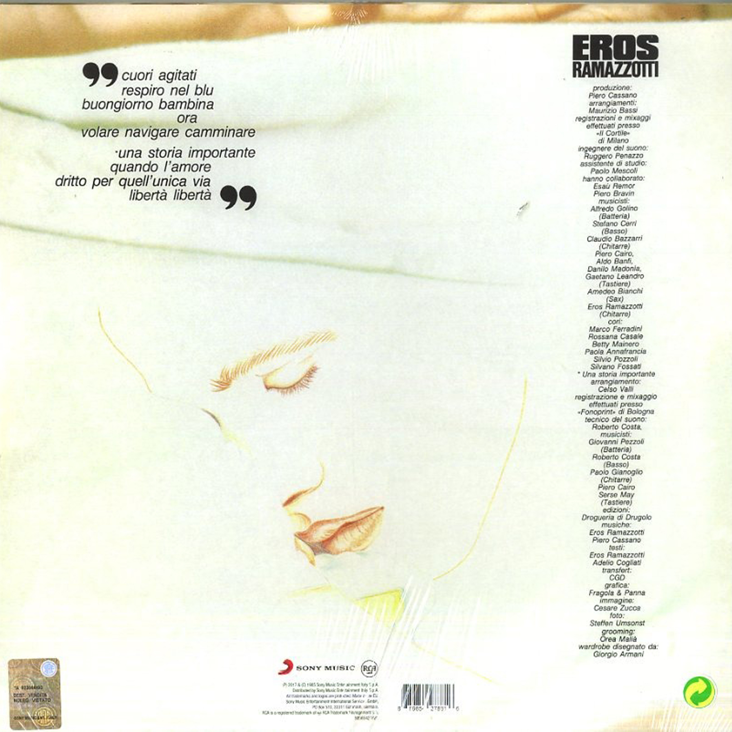 Copertina di un album con volto femminile e testo. Il titolo è 'Eros Ramazzotti'.