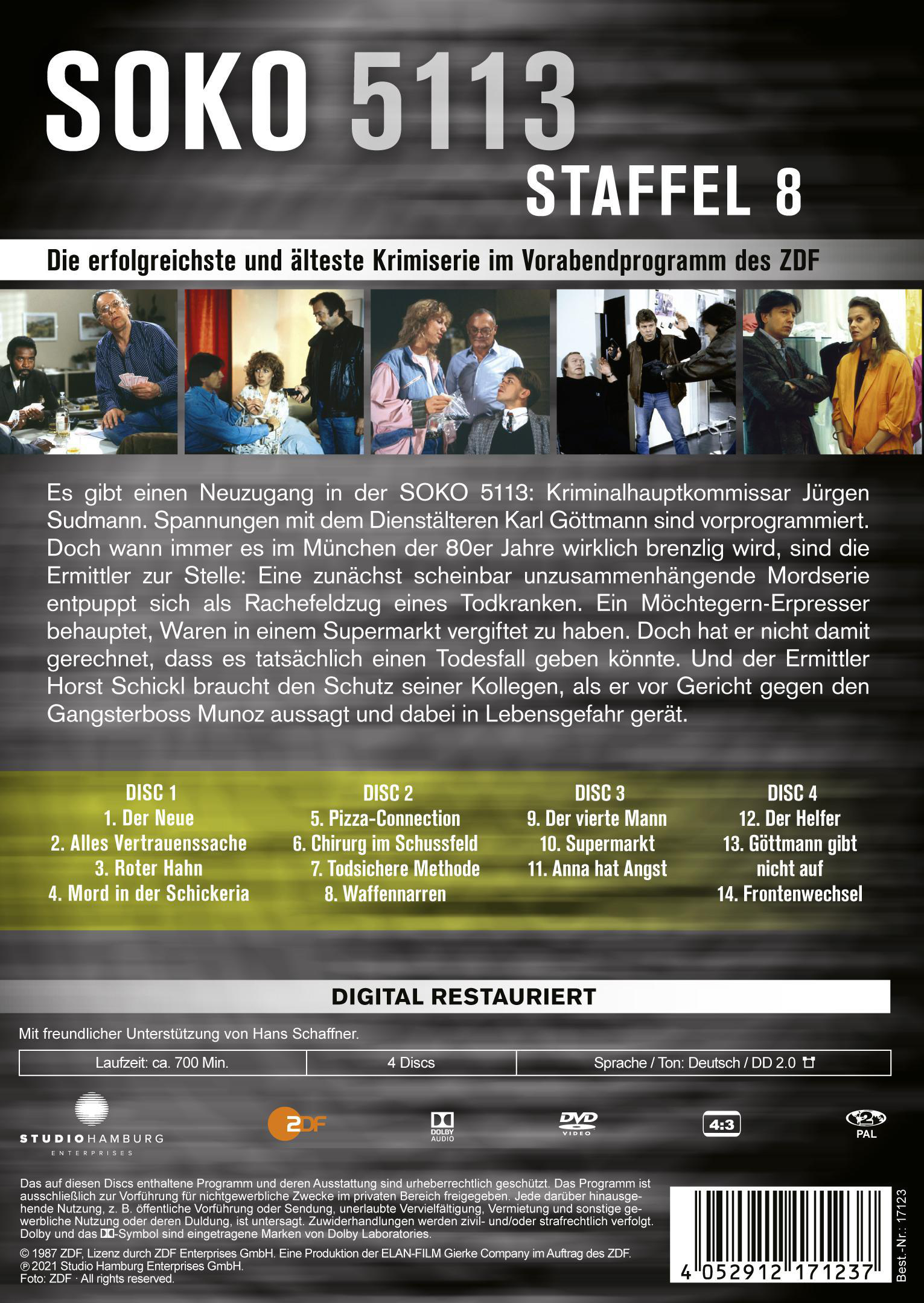 Die Rückseite einer DVD mit Text, Bildern von Personen und einer Liste der Episoden.