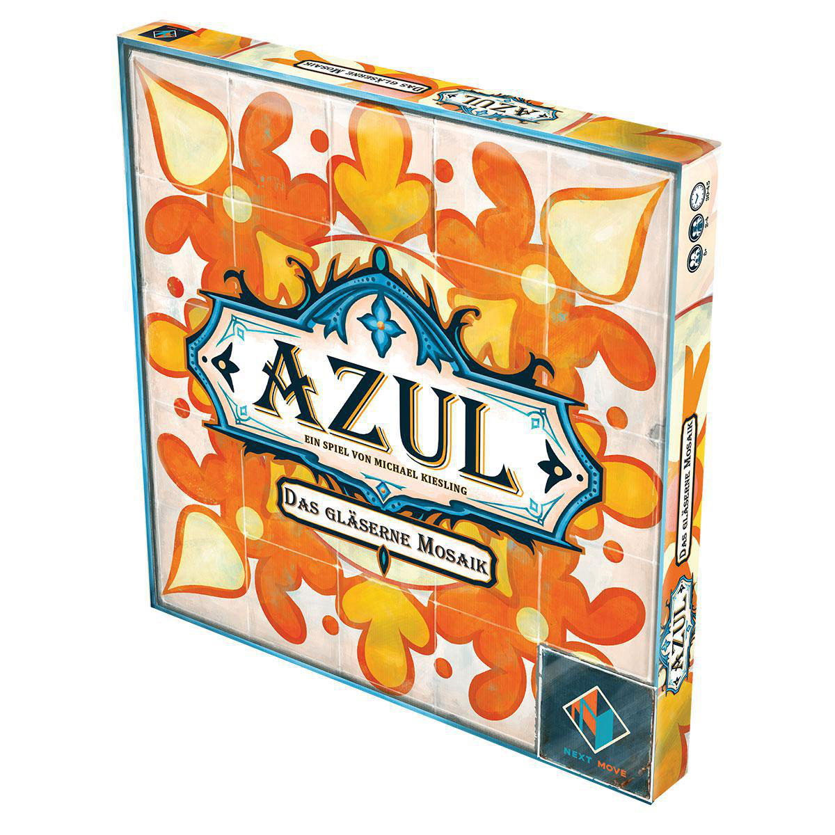 Azul Brettspielbox. Buntes Blumendesign auf blauem Hintergrund.