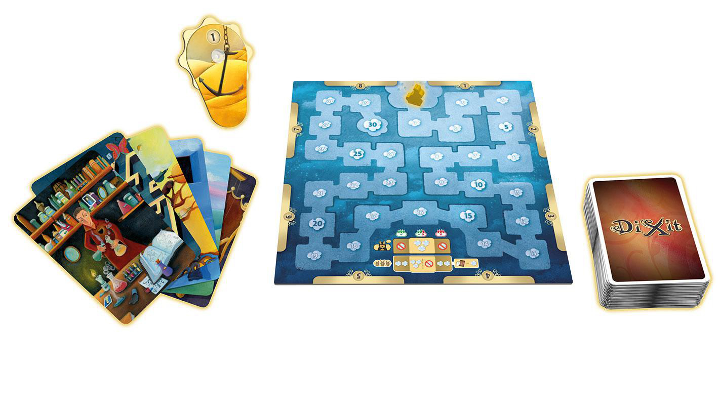 Dixit-Brettspielkomponenten, darunter Karten mit Illustrationen, ein Spielbrett und Spielsteine.