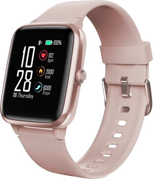 Smartwatch met een roze bandje, met tijd, hartslag, calorieën en stappen.