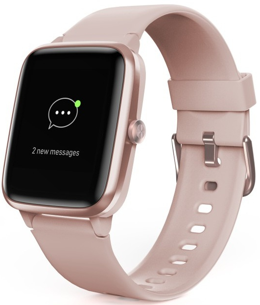 Smartwatch met een roze bandje, met een berichtmelding op het scherm.