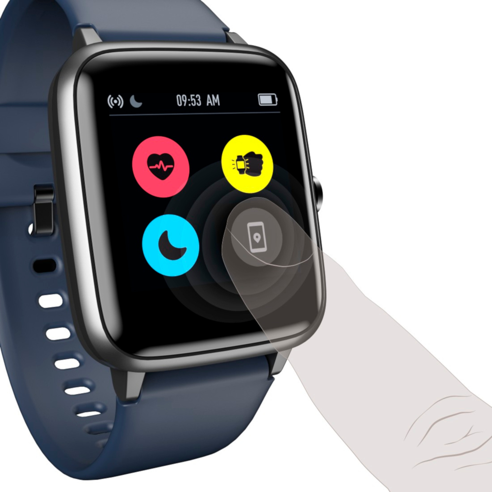 Une montre intelligente avec écran tactile affichant des icônes et un doigt touchant l'écran.