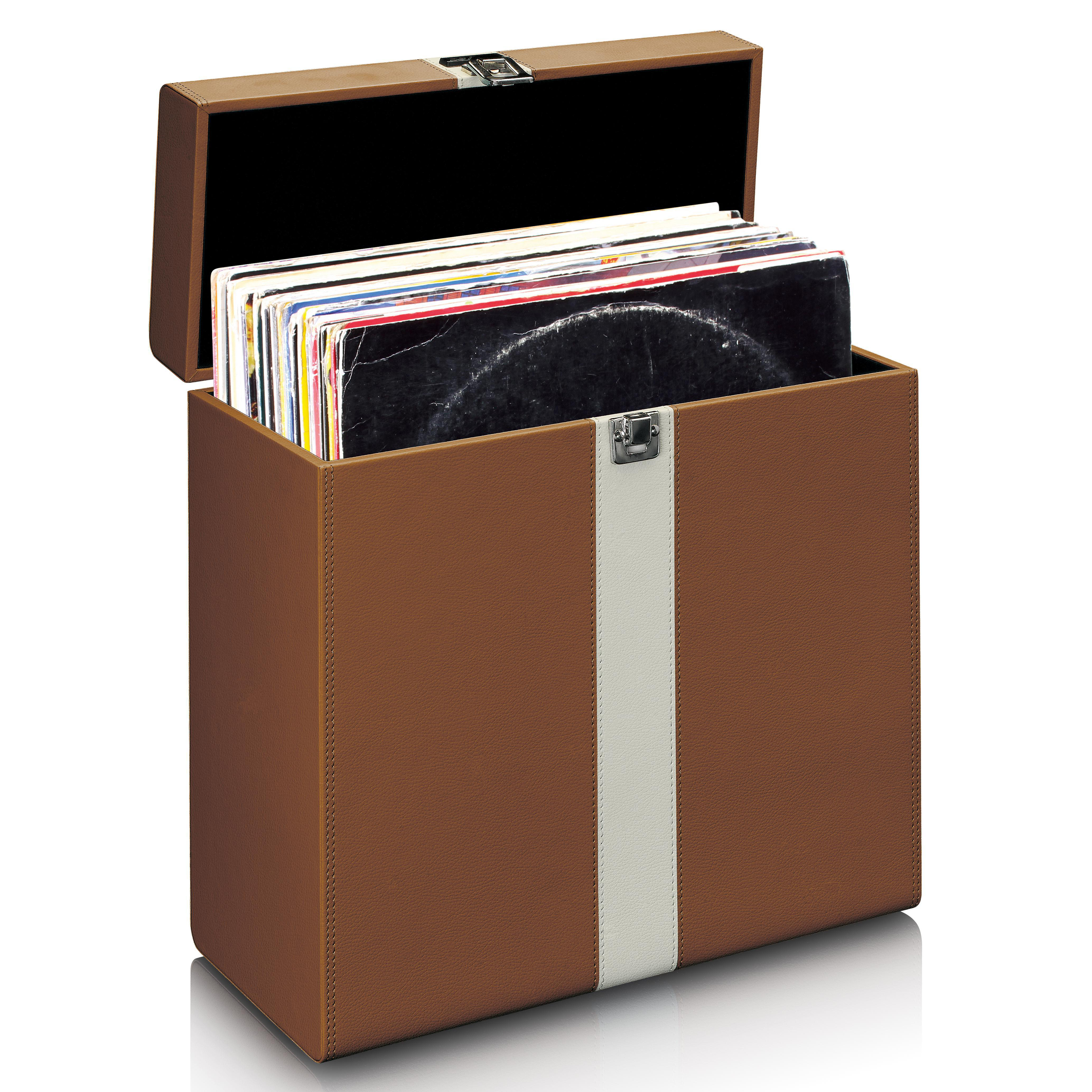 Eine braune Leder-Schallplatten-Aufbewahrungskiste mit Schallplatten darin. Sie hat einen weißen Streifen.
