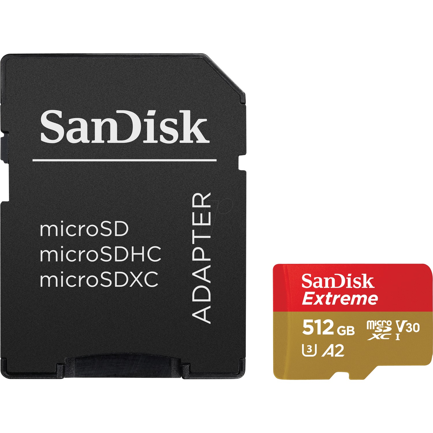 Tarjeta SD y adaptador Sandisk. Tarjeta SD roja y dorada. Adaptador negro.