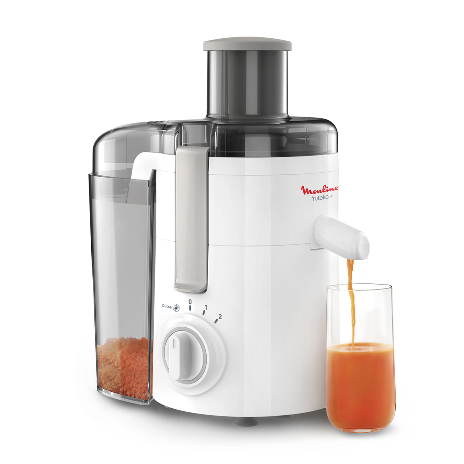 Centrifuga Moulinex bianca con un contenitore per succo trasparente e un bicchiere di succo d'arancia fresco.