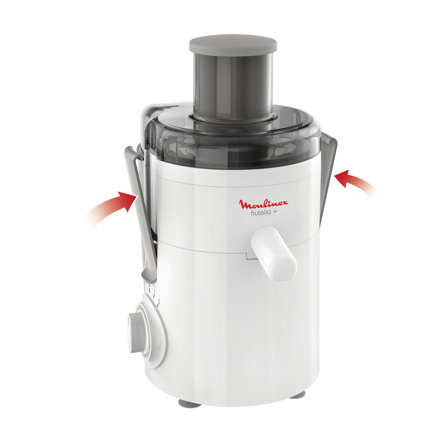 Centrifuga Moulinex bianca. Frecce rosse indicano le leve. Coperchio e beccuccio grigi.