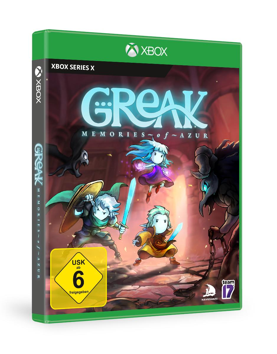 XBOX Series X Spielebox für Greak: Memories of Azur. Das Cover zeigt drei Charaktere und ein dunkles Wesen.