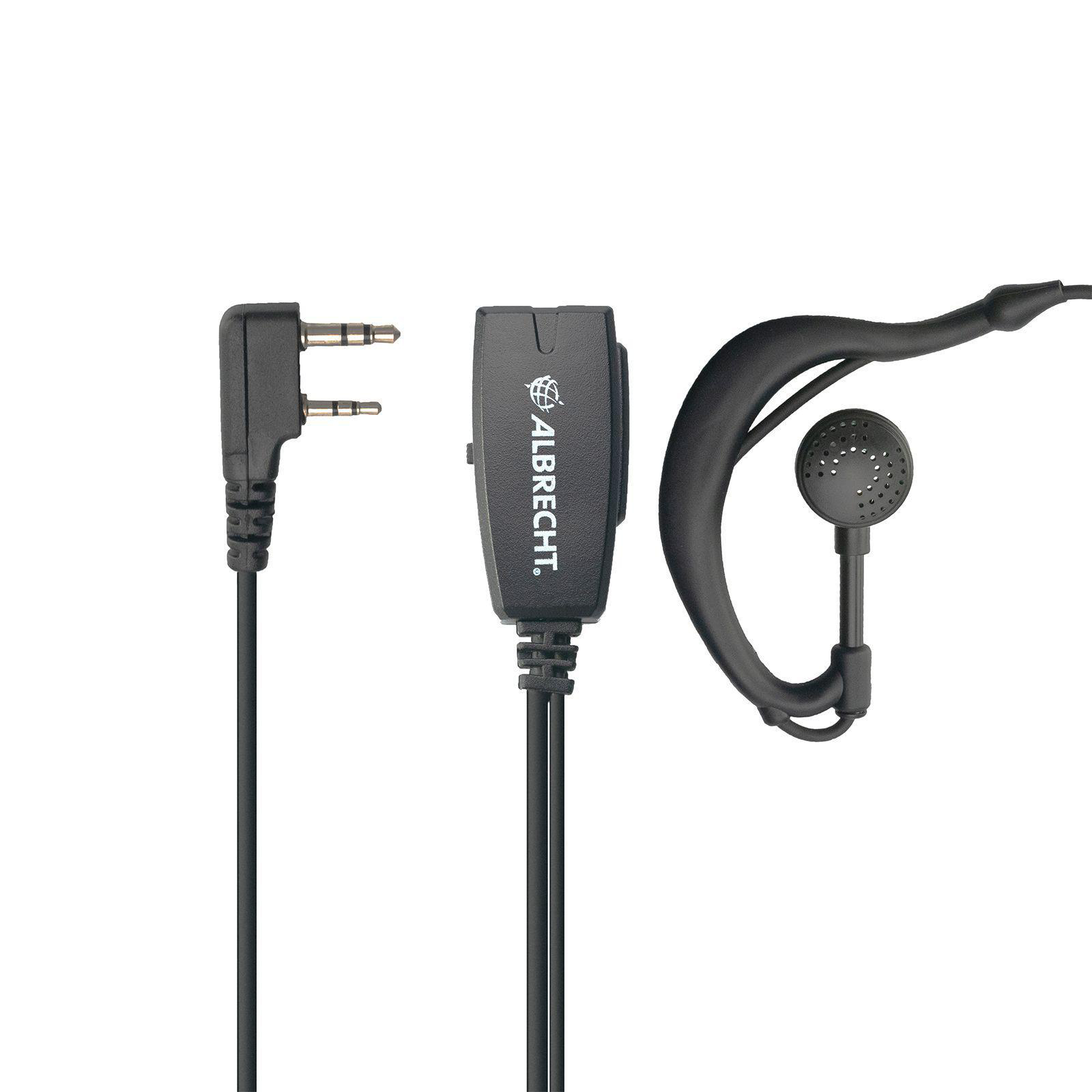 Ein dreiteiliges Headset mit Stecker und Ohrhörer. Schwarze Kabel und Komponenten.