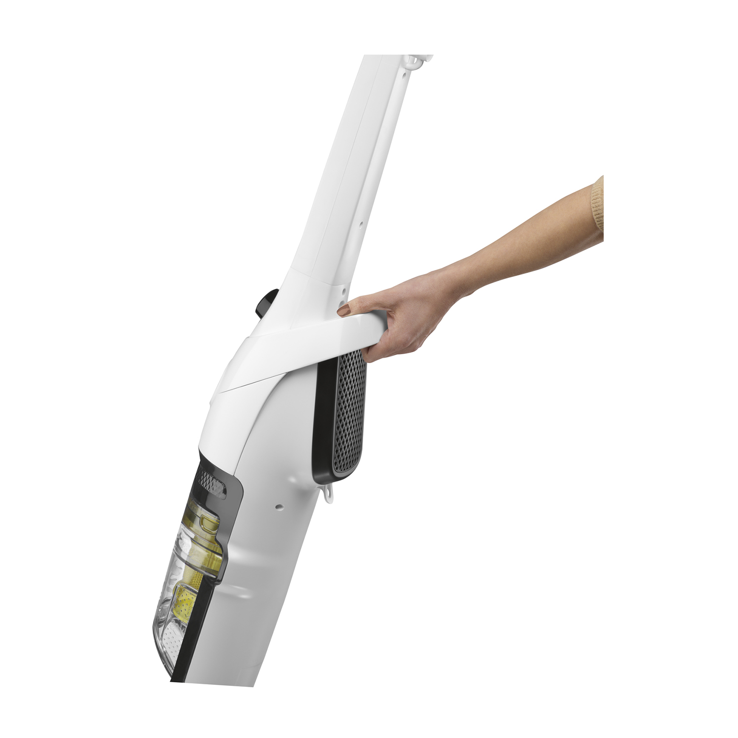 Una mano che tiene un aspirapolvere bianco.