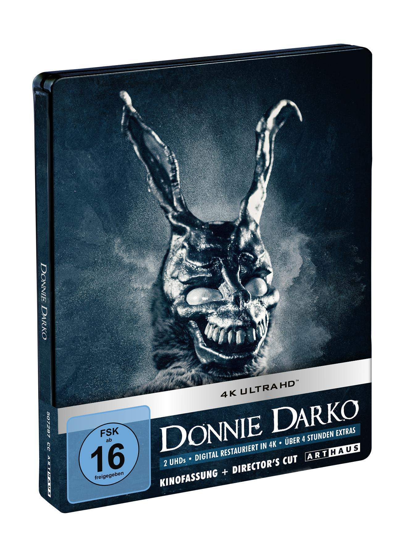 Filmcover für Donnie Darko. Eine kaninchenartige Figur auf schwarzem Hintergrund. Text in Deutsch.