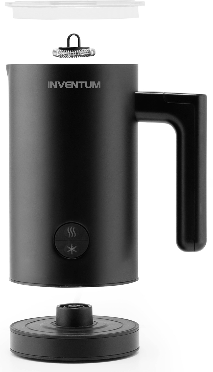 Black milk frother, disassembled. Lid, whisk, and base are separate. Inventum brand name is visible.