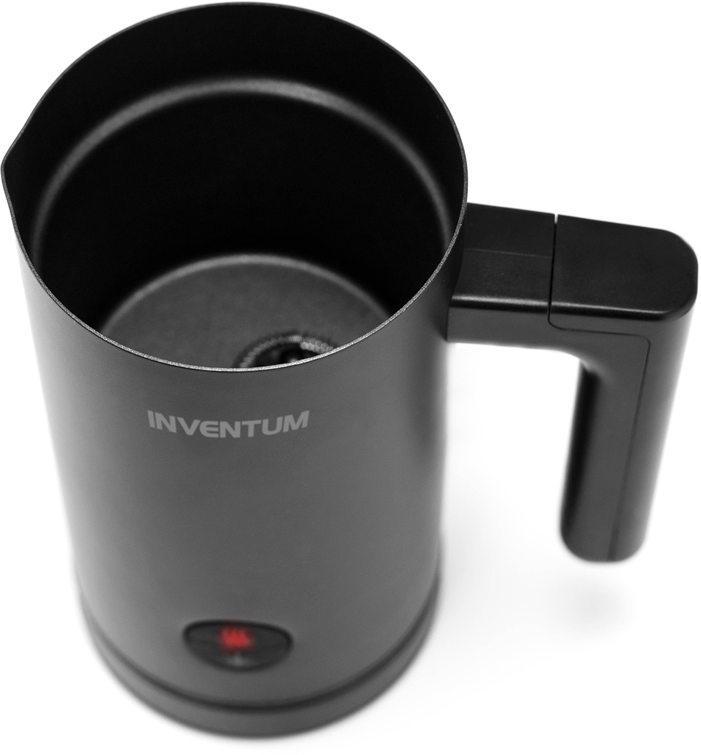 Black electric milk frother with the brand name INVENTUM and a red power light.